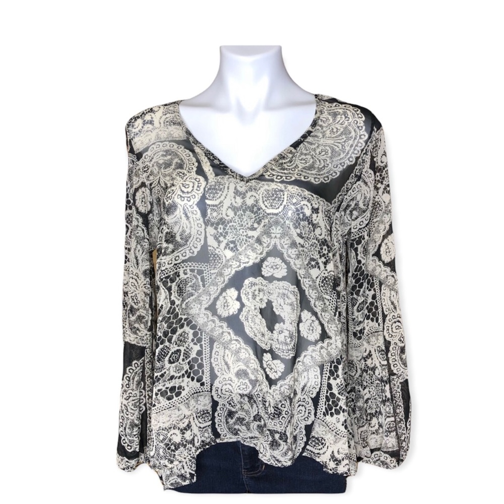 5/$25 YETTS Sheer Lace Print Split Back Black Beige Medium